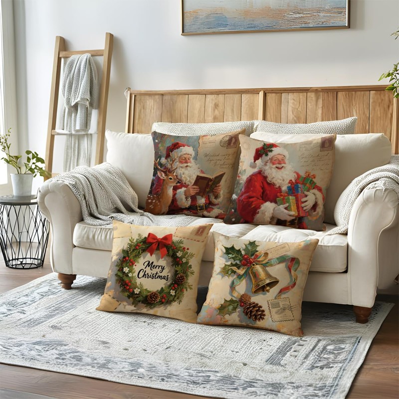 Rustic Christmas Decor Throw Pillow Covers Santa Post Card Design