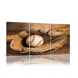 KALAWA Baseball Sports Wall Art Glove Wall Decor Retro Baseball Glove Pictures Sports Equipment Rustic Canvas Vintage Prints for Living Room Bedroom Hallway 3 Panels Framed Ready to Hang