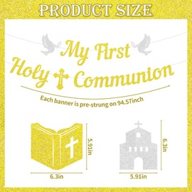 VorkiVecKi First Holy Communion Decorations - 10 Pcs Gold Baptism Hanging Swirls for Girls Boys Religious White Cross Christening Party Supplies for Kids 1st God Bless Ceiling Streamers Banner Decor