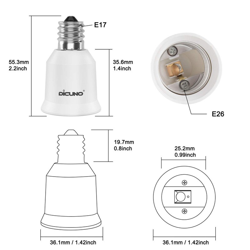 DiCUNO E17 to E26 Adapter, Intermediate E17 Socket to Standard