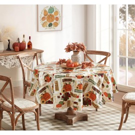 Newbridge - Mantel de vinilo con respaldo de franela de vinilo para Acción de Gracias, pavos a cuadros y calabaza, diseño rústico de otoño con respaldo de franela, redondo de 70 pulgadas