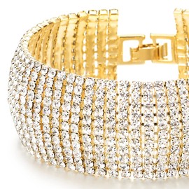 COOLSTEELANDBEYOND Sparkling Women's Crystal Rhinestone Cluster Wide Gold Bracelet Charm Bracelet, Metal, No gemstone