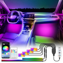 Wilktop LED Interior Lighting Car USB, Rainbow RGBic 210 Flashing Modes, Car LED Interior Lighting 2 in 1 for Centre Console and 4 Footwell Lighting, App, Button and Remote Control, Car LED 5 V