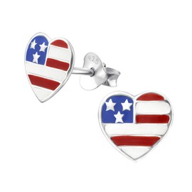 American Flag Heart Earrings - 925 Sterling Silver - USA Independence Day