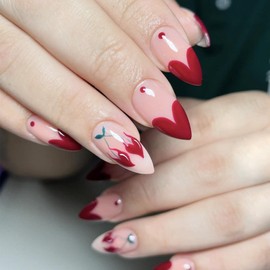 French Tip Heart Press on Nails Medium Almond Fake Nails with Cherry Designs Cute Heart False Nails Red Glossy Full Cover Glue on Nails Valentines Stick on Nails for Women Girls 24 Pcs