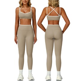 Womens Workout Sets Two Piece Cami Straps Cross Back Color Block Sports Bras Matching Tummy Control High Waist Leggings 2 Piece for Women Gym Yoga Active Wear Outfits Athletic Work Out Set Khaki M