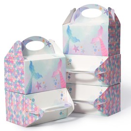 Shallive 25 Pcs Small Party Treat Boxes, 6 Inch Candy Cookie Goodie Gift Bags Gable Box for Kids Birthday Party, Mermaid