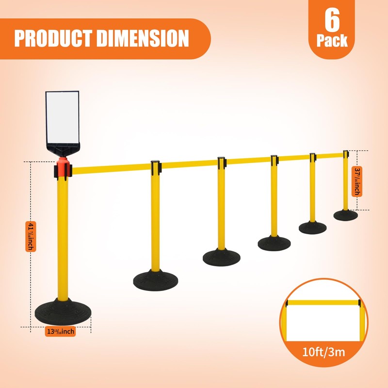Vilmon 6-Pack Yellow Plastic Crowd Control Stanchion Set, Stable Heavy-Duty