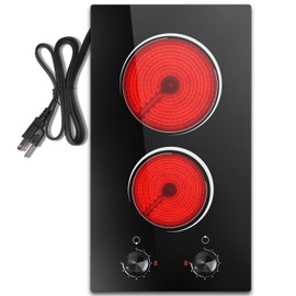 2 Burner Electric Stove, Nefaracy 12 Inch Electric Cooktop with Knob Control, Countertop & Built-in Electric Stove Top, 2000W Ceramic Cooktop 120V, 9 Heating Level, Residual Heat Indicator, Plug in