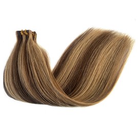 Highlights Tape in Hair Extensions Human Hair Balayage Medium Brown and Strawbery Blonde Remy Hair 18inches 20pcs 40g/pack Soft Silk Straight Seamless Skin Weft Blonde Tape in Human Hair Glue in