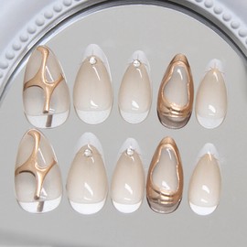 BABALAL Press on Nails Almond Medium Fake Nails White French Tip Glue on Nails 3D Ripple Design Gold Chrome Acrylic Nails 24Pcs Manicure Handmade False Nails Stiletto Stick on Nails