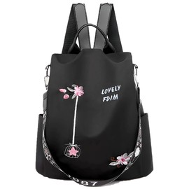 Fashion Cuqui Black Backpack for Women with Small Floral Patterns - Medium Size, Anti-Theft and Waterproof - The perfect choice to take with you everywhere!, Black/White, M