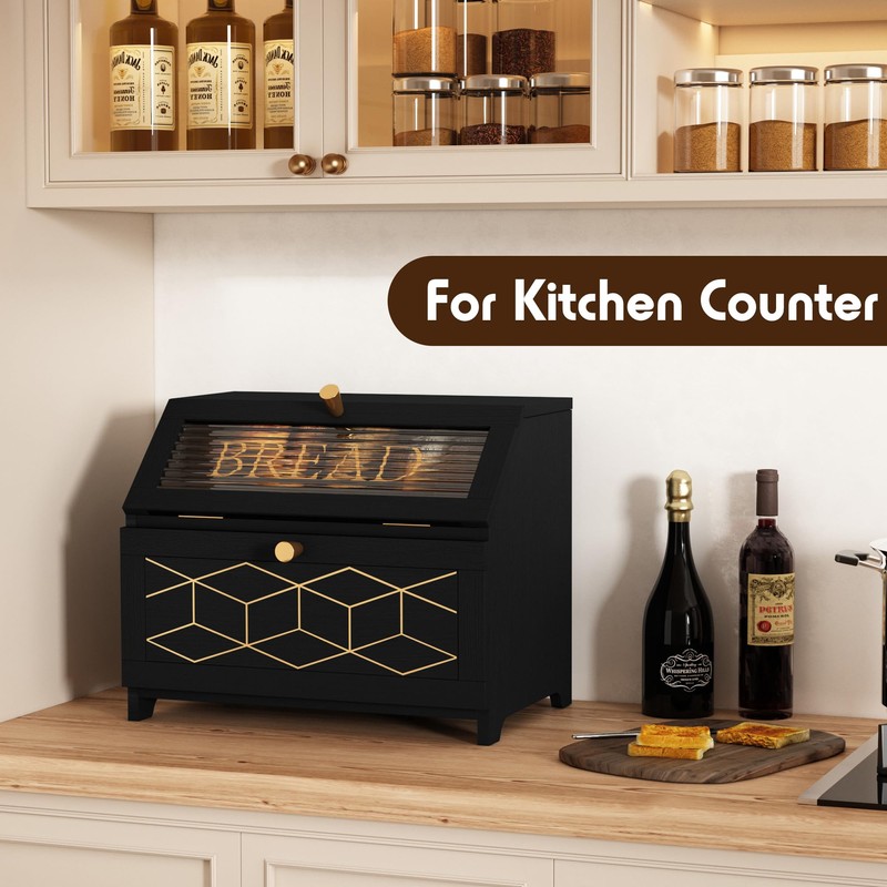 HOLTICO Double Layer Bread Box With Golden Trim for Countertop,