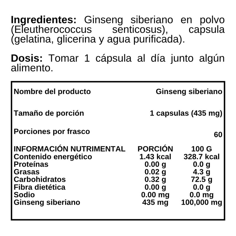 Ginseng Siberiano Cápsulas Suplemento Alimenticio
