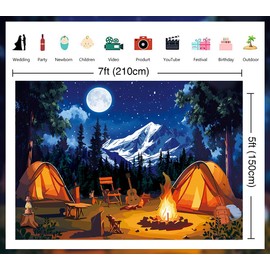 Forest Scene Backdrop Camping Campfire Tent Photography Background Forest Night Mountain Woodland Adventure Banner for Birthday Party Baby Shower Decoration Supplies (82x59 inch (7x5FT))