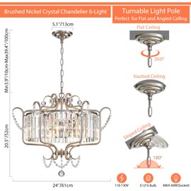 Majhoiw Modern Crystal Chandelier for Dining Room 24" Brushed Nickel Light Fixtures 6-Light Farmhouse Pendant Lighting for Kitchen Island Bedroom Hallway Entryway