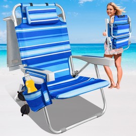 SeaSlep Beach Chairs for Adults with 5 Positions, Folding Backpack Beach Chair with Cooler & Storage Pouch, Portable Camping Chair with Cup Holder, Towel Bar, Lay Flat Camp Chair Support to 350LBS