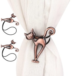 Gsycle 2Pcs Magnetic Curtain Tie Backs, Cat Shaped Curtain Holders Cute Curtain Magnetic TieBacks Drapes Clips Rope Modern Curtain Holdbacks for Home Window Decorative (Red Bronze)