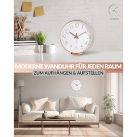 LATENO - Wall clock to stand up or hang up - rose gold white 20 cm - silent - classic and modern - quartz movement - wall clock without ticking sounds - wall clock modern