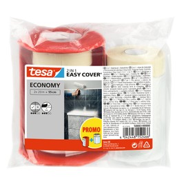 tesa tesa Easy Cover ECONOMY Folie fr Malerarbeiten - 2 in 1 Malerfolie zum Abdecken und Kreppband zum Abkleben - 2x 20m x 55 cm + Abroller