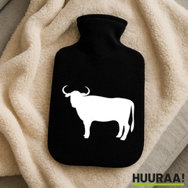Huuraa Wärmflasche Stier Bulle Silhouette Geschenk 1,8 Liter Black Classic Veloursbezug Stier Bulle Präsent