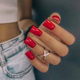 KQueenest Duck Press on Nails Medium - Summer Press on Nails Light Red, Glossy Opaque Bright Fake Nails with Glue, Fit Perfectly, Reusable Soft Gel Glue on Nails for Women, 24 Pcs