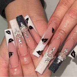Magrace Press on Nails Long Coffin Fake Nails French False Nails with Designs 24 pcs Stick on Nails for Women