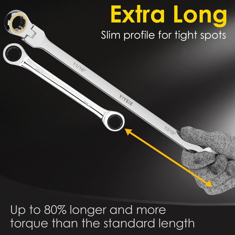 Extra Long Flex-Head Ratcheting Wrench Set, SAE 1/4" to 13/16",
