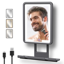 Rocollos Fogless Shower Mirror for Shaving, 3 Color LED Lighting Dimmable, Anti-Fog Heating in Minutes, 360° Bathroom Shower Mirror with Rechargeable 5000mAh Battery, Large Storage Shelf, Wiper-Black