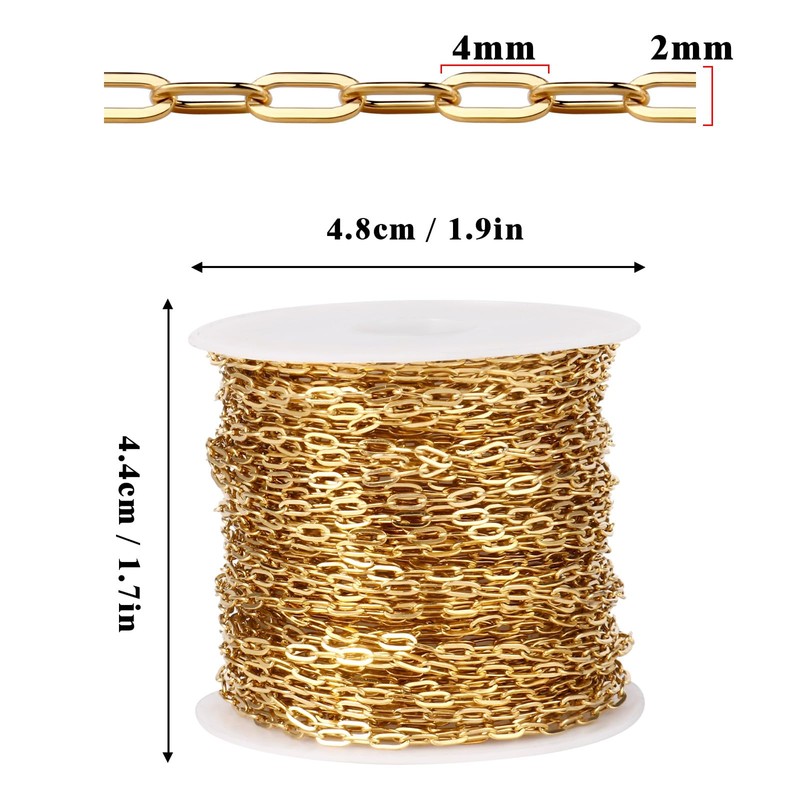 33FT Gold Paperclip Chain 2MM Stainless Steel Link Chain for