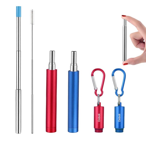 2 Pack Reusable Metal Straws Collapsible Stainless Steel Drinking Straw Travel Portable Telescopic Straw with Case,2 Cleaning Brushes Included Red/Blue