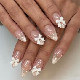 24Pcs Bow Press on Nails Medium Almond Fake Nails 3D Bow Pearl Glossy Design Full Cover Cute Nails White French Tip Glue on Nails Nude Pink False Nails for Women Girls Acrylic Manicure Decorations
