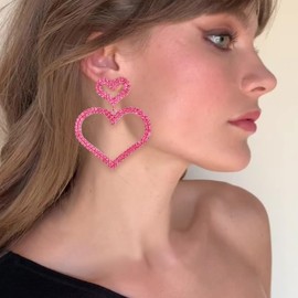Flyonce Big Heart Earrings for Women, Rhinestone Crystal Large Statement Hot Pink Dangle Jewelry Gifts Bridal for Wedding Prom Valentines Day