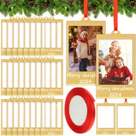 Vercraft 24 Christmas Acrylic Picture Frames Ornaments 2025 Photo Frame 2 x 3 Inches with Red Satin Ribbon Blank Double Sided Picture Frame Hanging Ornaments for Christmas Tree (Gold)