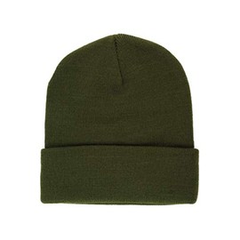 Nayt Long Solid Plain Cuffed Beanie Knit Hat (Olive Green)