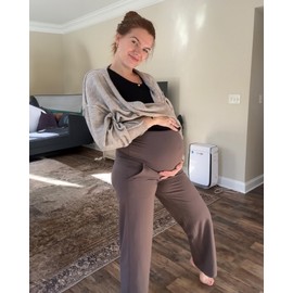 G4Free Maternity Pants for Work Stretch Pregnancy Clothes with Pockets Straight Yoga Dress Trousers for Office Casual(Taupe,XL,28")