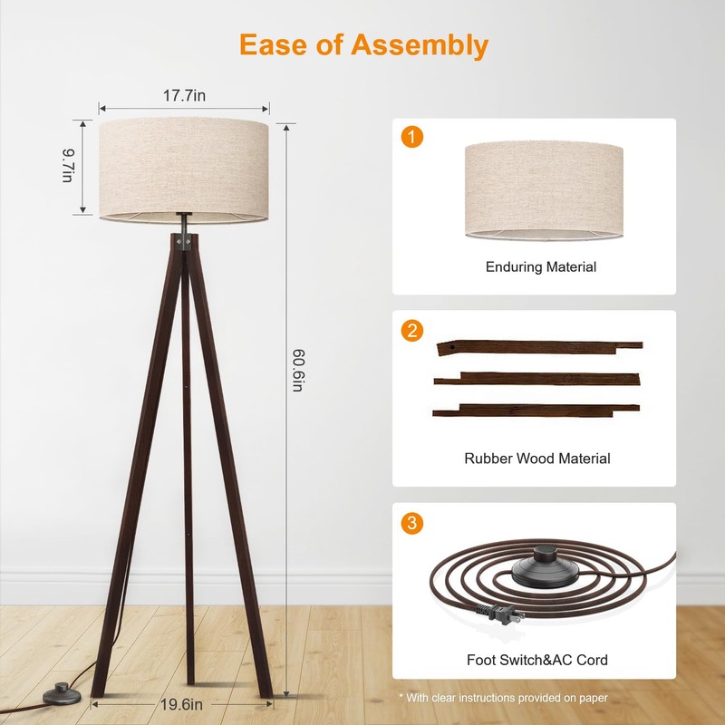 LEPOWER Wood Tripod Floor Lamp, Mid Century Standing Lamp, Modern