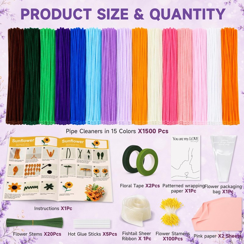 1500 PCS Pipe Cleaners Bulk, 15 Colors Thick Pipe Cleaner