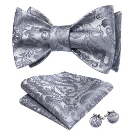 Barry.Wang Solid Color Paisley Self Tie Bow Ties for Men Formal Grey Bowtie and Pocket Square Cufflinks Set for Tuxedo
