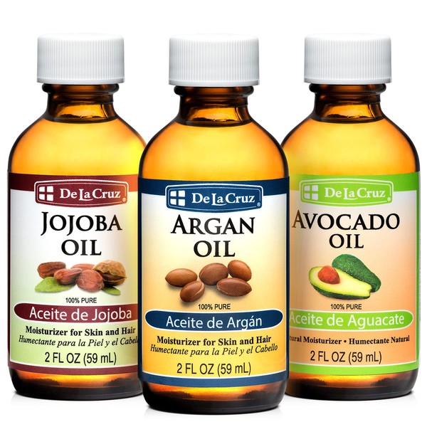 De La Cruz - Avocado Oil, Argan Oil and Jojoba Oil Bundle - 100% Pure and Natural Oils for Hair and Skin - 3 Bottles - 2 Fl OZ Each