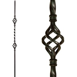 Iron Staircase/Railing Baluster - Double Basket Bar (Set of 5) Stain Black Hollow- Square Wrought Iron Twist and Basket Stair Baluster Spindle, 1/2inches x 44inches