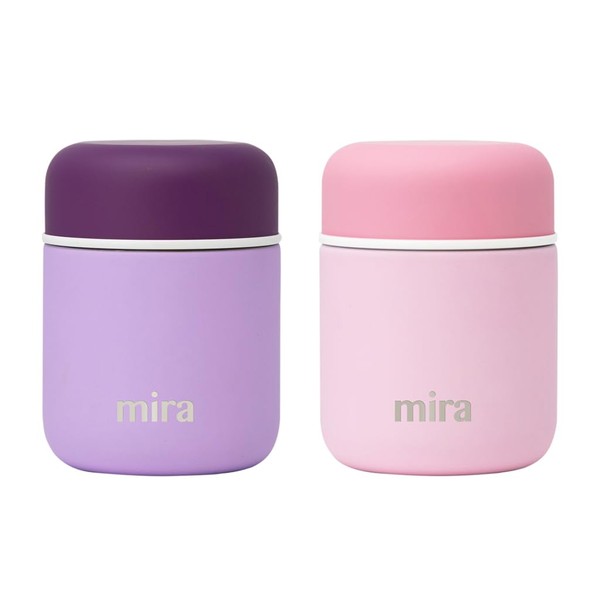 MIRA - Paquete de 2 termos aislados para alimentos calientes y sopa, recipiente compacto de acero inoxidable al aspiradora para almuerzo – 9 onzas, lila, rosa