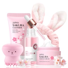 Sakura Gesichtspflege Skincare Set 5 Stück，Japan Sakura Skincare Set，Anti-Aging Geschenke Set ， Euchtigkeit geschenkset frauen Teenager Mädchen mit Reiniger, Creme, Serum ，teenager mädchen geschenke