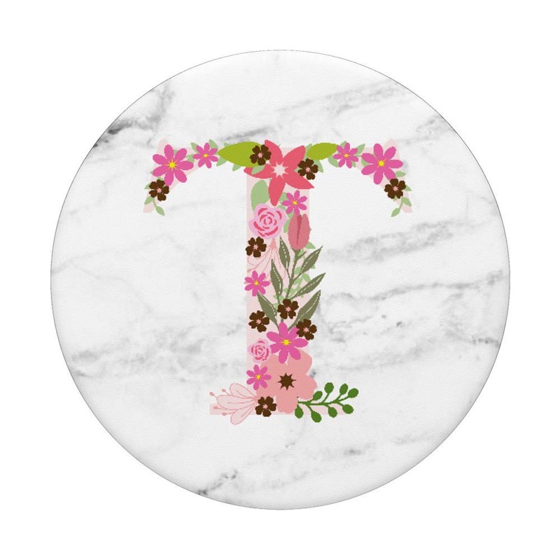WHITE MARBLE PHONE GRIP PINK LETTER T INITIAL -T LETTER