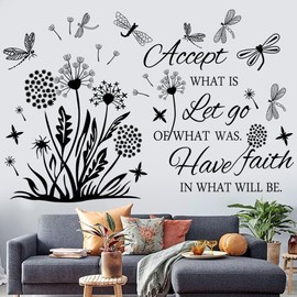 Inspirational Wall Stickers Quotes Wall Art Accept Let Go Have Faith Dandelion Decals Flower Stickers Murals Decor for Bedroom Office Bathroom Living Room Floral Wall Decals Art Decoration.