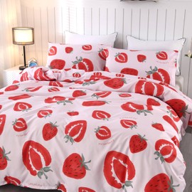 SDIII 3PCS Pink Strawberry Duvet Cover Set Full, 1 Strawberry Duvet Cover Full + 2 Pillowcase, Strawberry Full Duvet Cover for Girls Boys Kids Teens