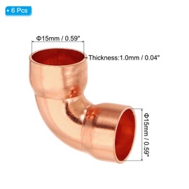 PATIKIL 15mm ID 1mm Thick Elbow Copper Fitting, 6pcs 99.9% Pure Copper Pipe Fitting 90 Degree Short Radius Tube Connector Sweat Solder for HVAC Refrigeration System