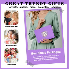 Fohufo Initial Cosmetic Bag Set - Travel Bag Makeup Pouch, Makeup Bag with Zipper Make up Kit Preppy Stuff Birthday Gifts for Women Travel Essentials Travel Bag (Purple Letter M)