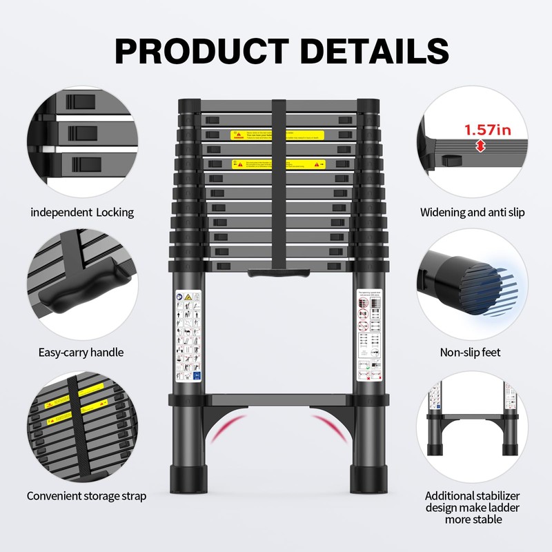 12.5FT Heavy-Duty Telescoping Ladder, 330lb Capacity Aluminum Extension Ladder with