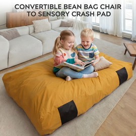 KreyNa Bean Bag Chair and Sensory Crash Pad for Kids, Convertible Beanbag Folds from Lazy Chair to Floor Sensory Crash Pad, Children Lazy Sofa Chairs with Memory Foam Filling, Machine Washable, Yellow